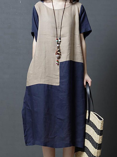 Fashion Cocoon Two Tone Pockets Linen Casual Dresses (Style V100346)