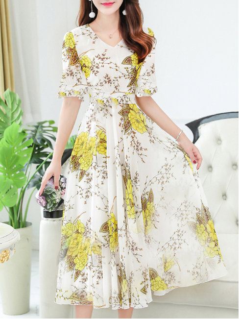 Yellow Elegant V-neck Printed Pattern Cotton Casual Dresses (Style ...