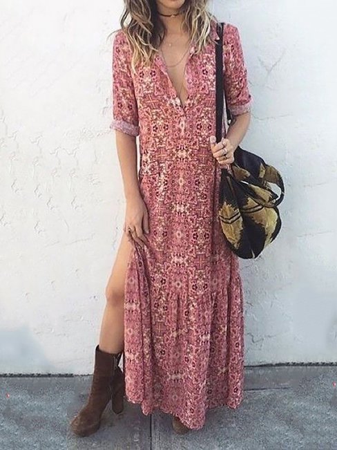 Sexy Shift Printed Button Polyester Maxi Dresses (Style V100390)