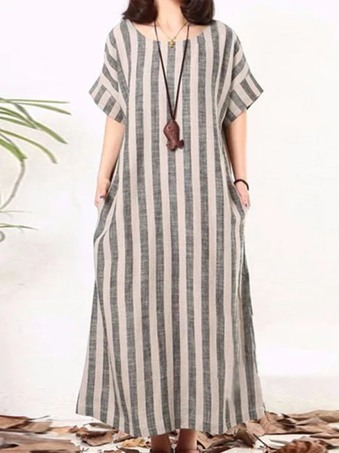 Oversized Shift Round Neck Striped Linen Casual Dresses (Style V100430)