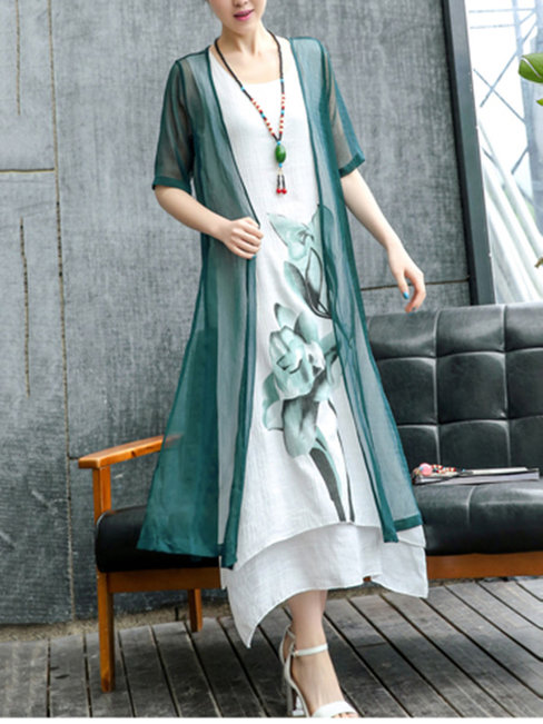 Elegant Shift Round Neck Printed Pattern Casual Dresses (Style V100445)