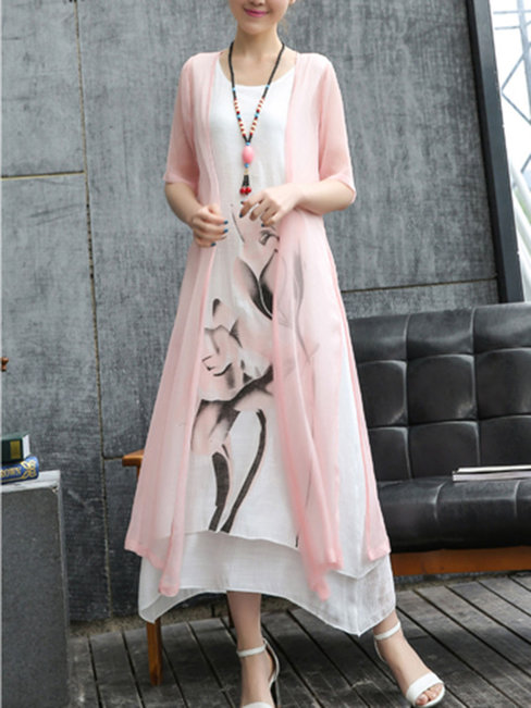 Elegant Shift Round Neck Printed Pattern Casual Dresses (Style V100445)