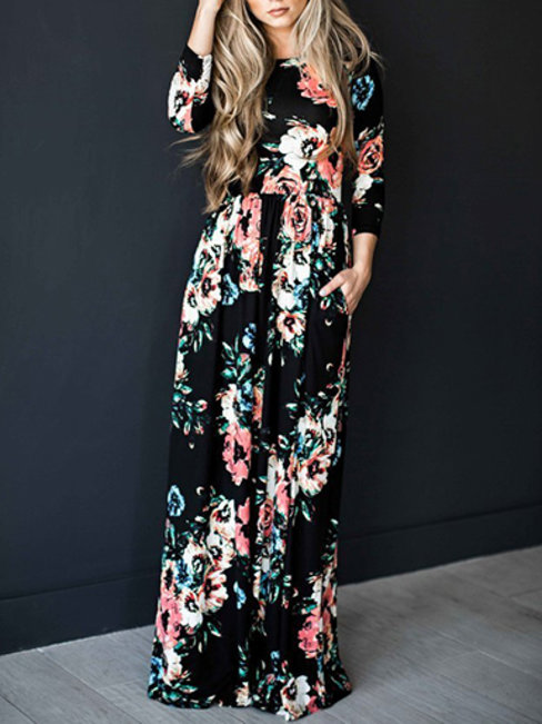 Modest Round Neck Printed Pattern Polyester Maxi Dresses (Style V100464)