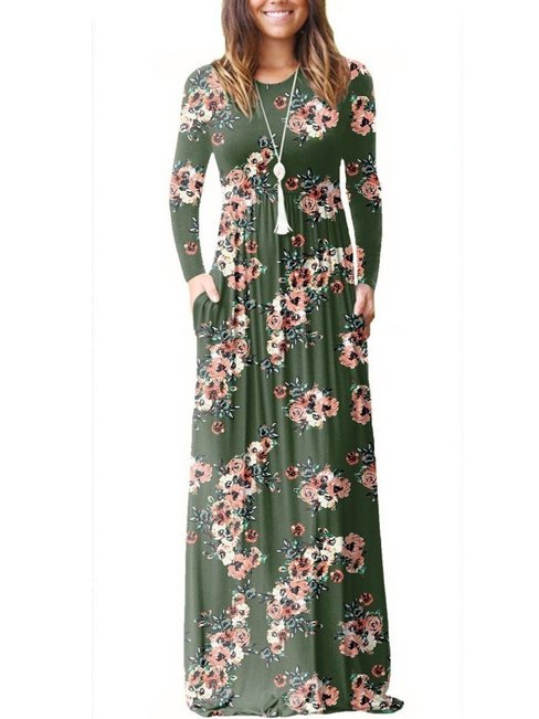 Green Modest A-line Round Neck Printed Pattern Maxi Dresses (Style ...