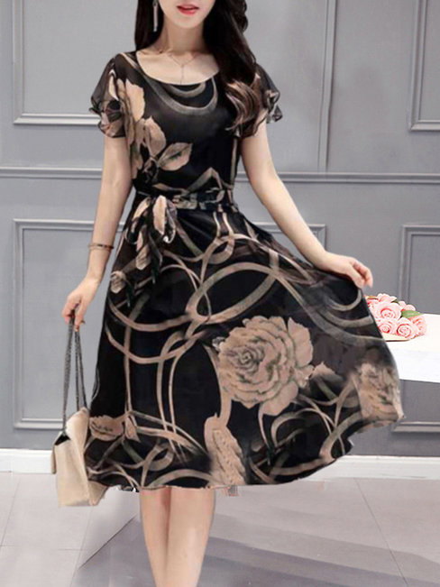Elegant A-line Round Neck Printed Polyester Midi Dresses (Style V100476)