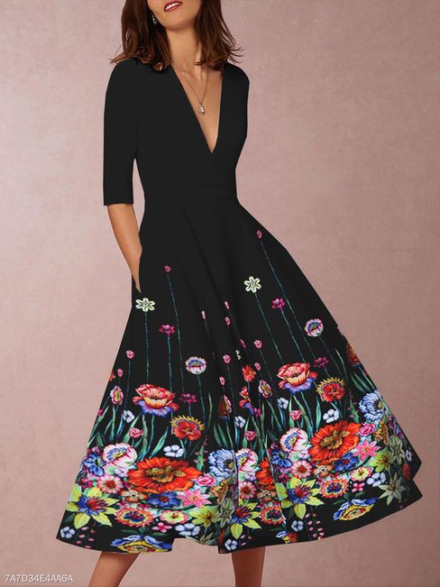 Party A-line Deep V Neck Pattern Polyester Midi Dresses (Style V100510)