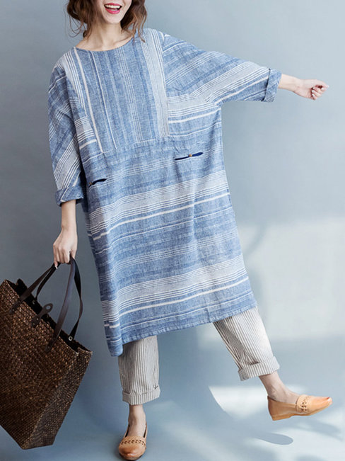 Oversized Shift Striped Pattern Linen Casual Dresses (Style V100516)