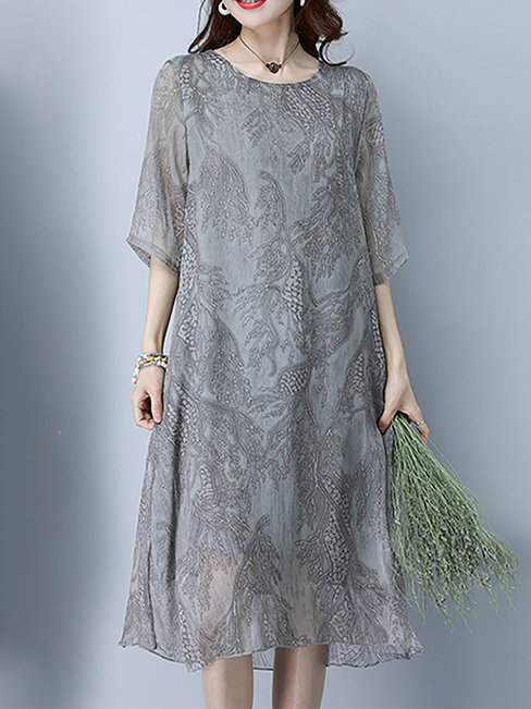 Shift Round Neck Printed Pattern Cotton Blends Midi Dresses (Style V100518)