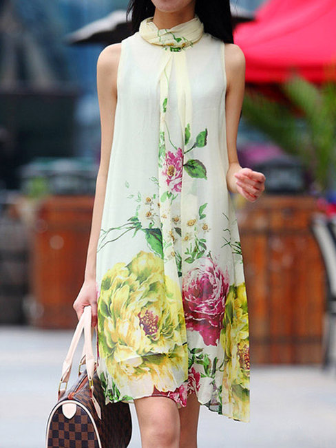 Elegant High Neck Printed Pattern Polyester Casual Dresses (Style V100528)