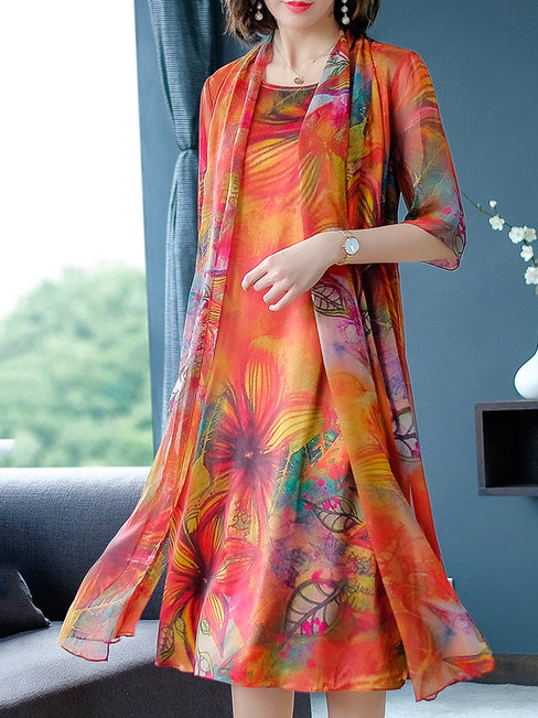 Modest Round Neck Printed Pattern Polyester Midi Dresses (Style V100529)