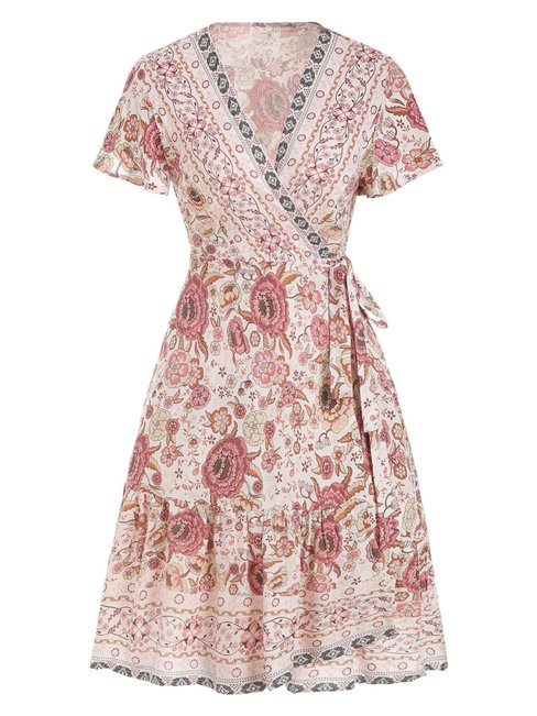 Sexy Wrap V-neck Scarf Print Viscose Boho Dresses (Style V100537)
