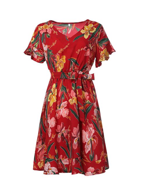 Sexy A-line Deep V Neck Printed Polyester Casual Dresses (Style V100546)