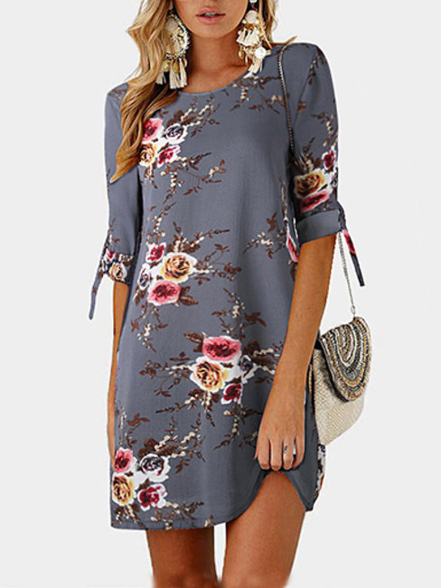 Straight Round Neck Printed Pattern Chiffon Casual Dresses (Style V100551)
