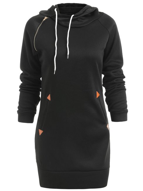 Long Straight Plain Polyester Pockets Hoodie (Style V100559)