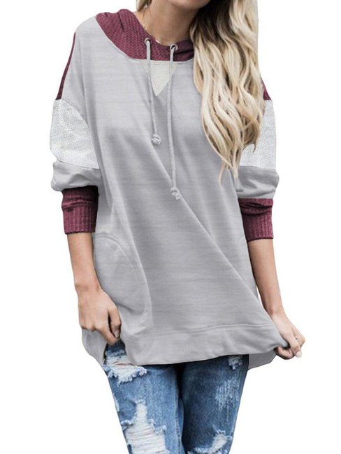 Loose Casual Patchwork Polyester Pockets Hoodie (Style V100581)