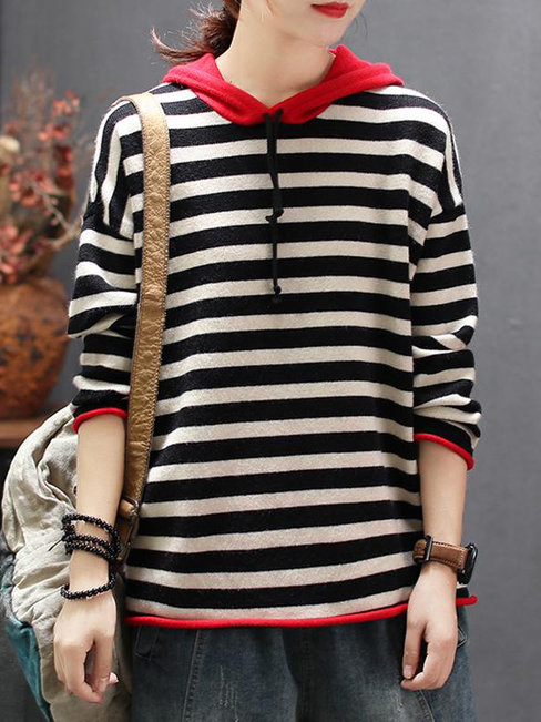 Hooded Standard Loose Striped Wool Sweatshirts (Style V100704)