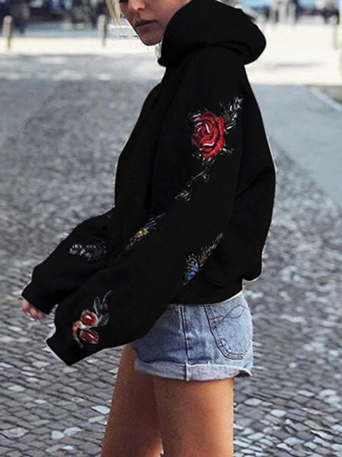 Hooded Standard Loose Floral Polyester Sweatshirts (Style V100711)