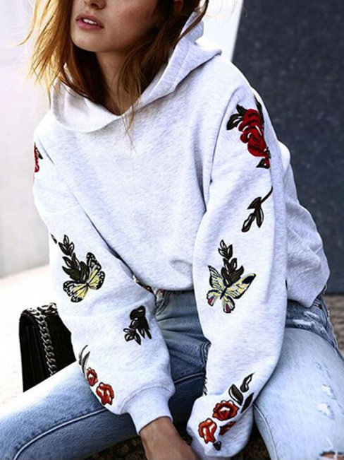 Hooded Standard Loose Floral Polyester Sweatshirts (Style V100711)
