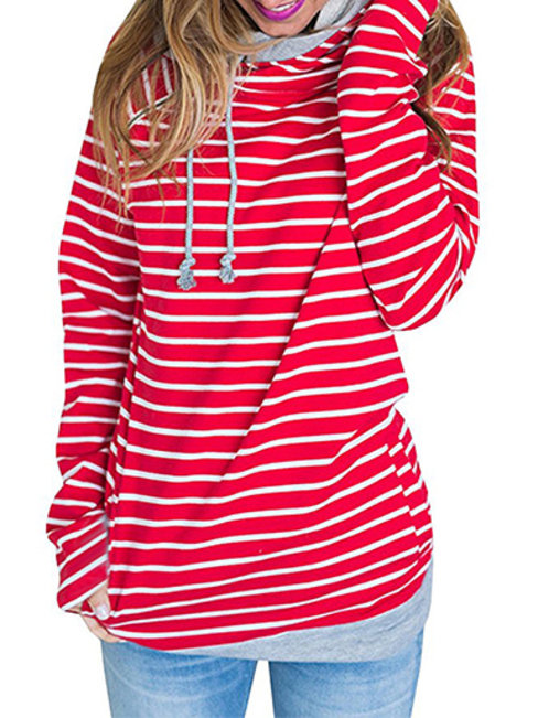 Heap Collar Slim Striped Cotton Pockets Sweatshirts (Style V100722)