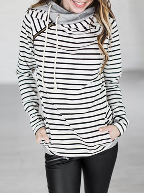 Heap Collar Slim Striped Cotton Pockets Sweatshirts (Style V100722)