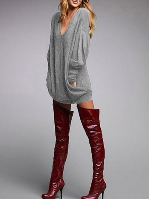 V-neck Long Loose Casual Plain Sweatshirts (Style V100760)