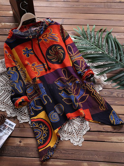 Hooded Long Loose Linen cotton Asymmetrical Sweatshirts (Style V100782)