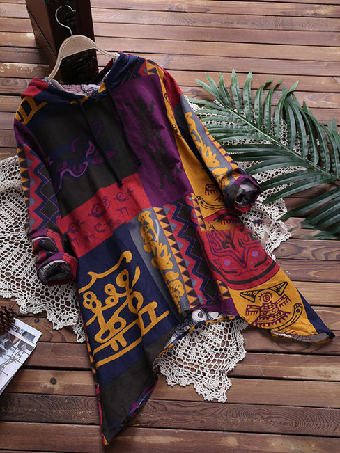Hooded Long Loose Linen cotton Asymmetrical Sweatshirts (Style V100782)