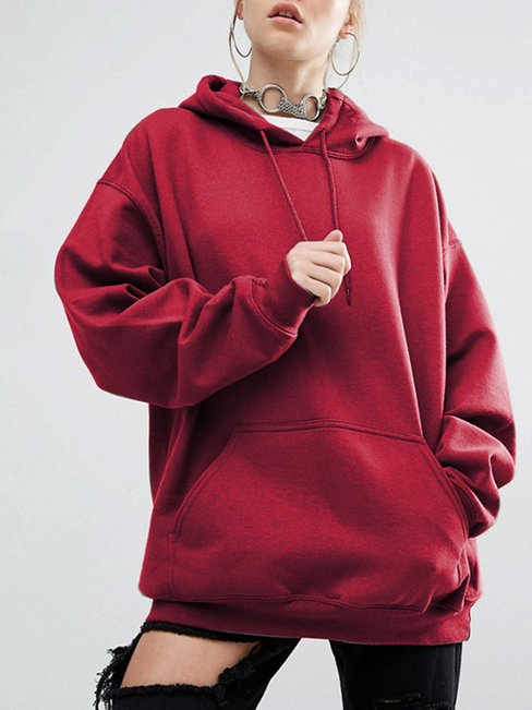 Loose Casual Plain Polyester Pockets Hoodie (Style V100803)