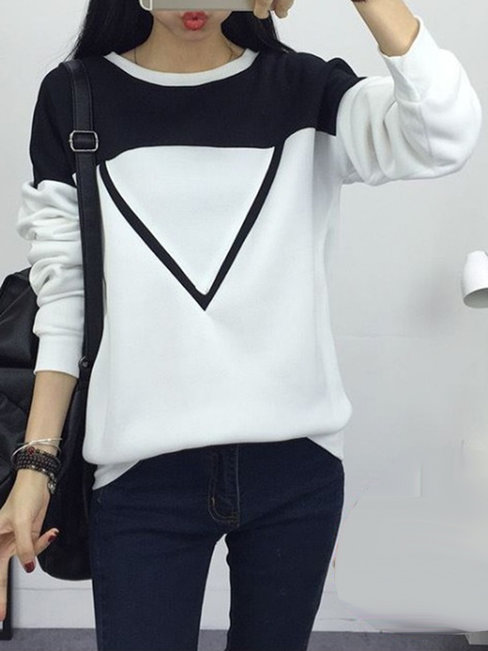 Round Neck Loose Casual Plain Patchwork Sweatshirts (Style V100855)