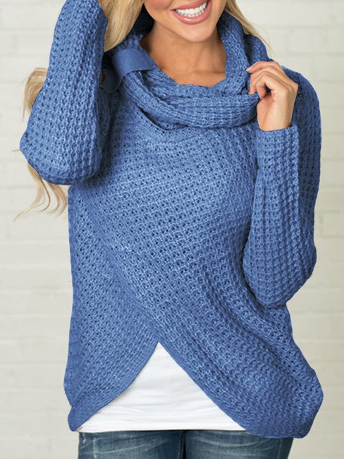 Heap Collar Standard Casual Polyester Asymmetrical Sweater (Style V100871)