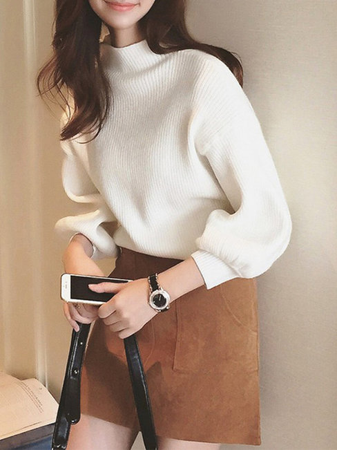 Polo Neck Standard Loose Plain Knitted Sweater (Style V100924)