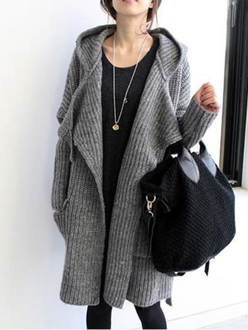 Grey Long Straight Plain Polyester Belt Sweater (Style V100936) - VEDACHIC