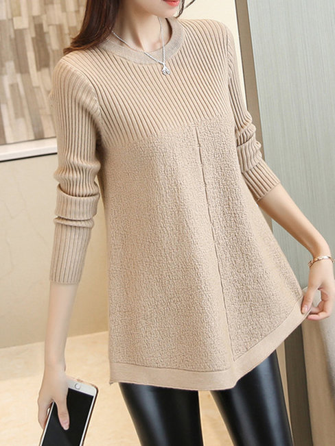 Round Neck Straight Casual Plain Polyester Sweater (Style V100941)