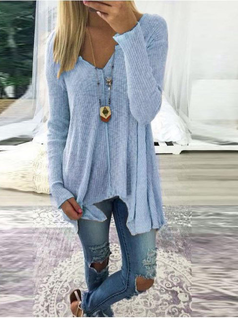 V-neck Long Slim Casual Plain Sweater (Style V100945)