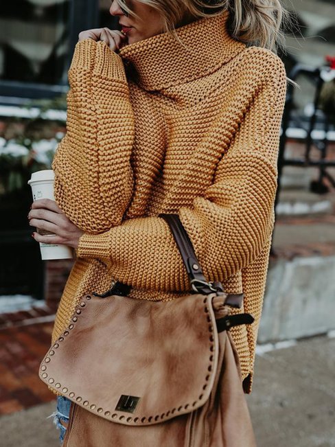 Turtleneck Long Loose Casual Acrylic Sweater (Style V100959)