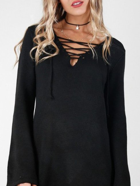V-neck Long Slim Casual Strappy Sweater (Style V100960)