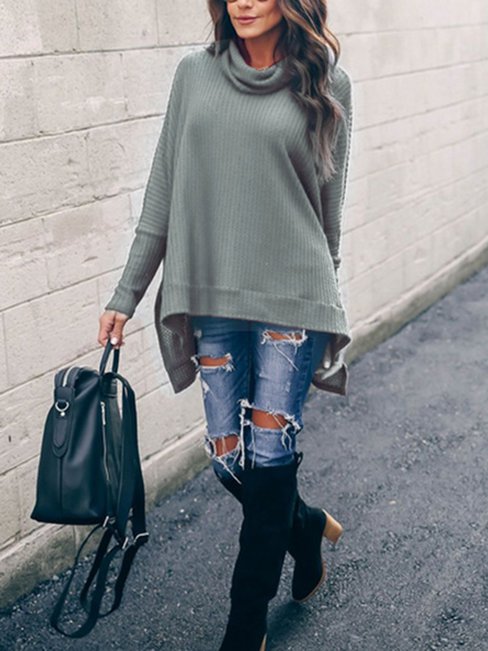 Long Loose Plain Polyester Asymmetrical Sweater (Style V100962)