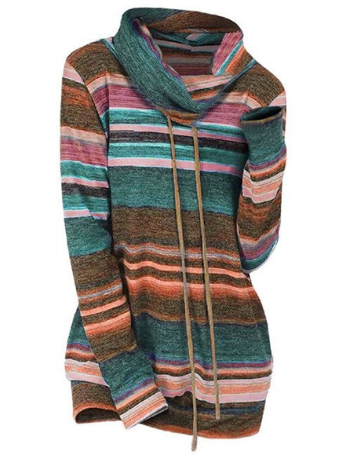Heap Collar Long Striped Polyester Pockets Hoodie (Style V100968)