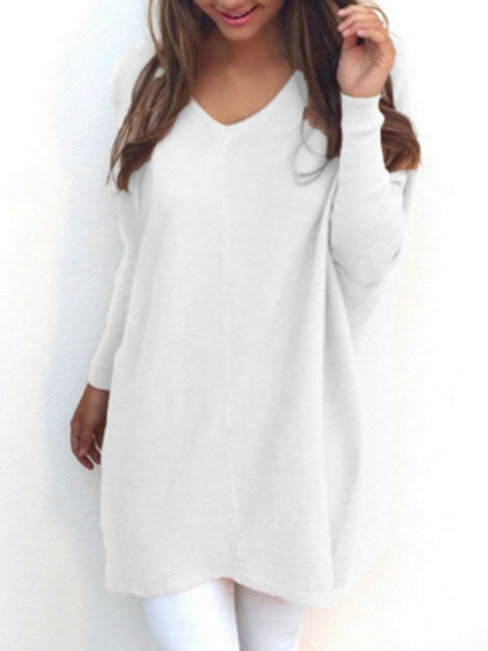 V-neck Long Straight Plain Polyester Sweater (Style V100985)