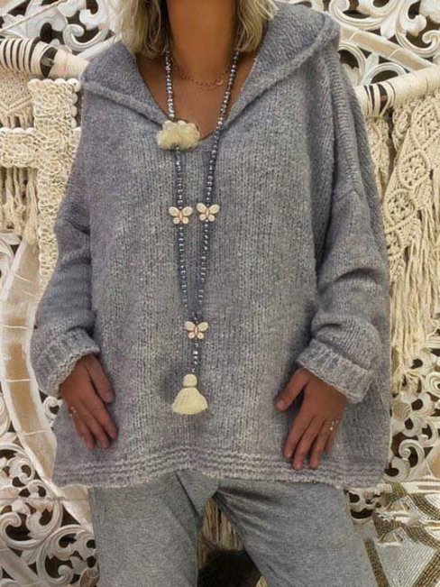 Hooded Long Loose Casual Knitted Sweater (Style V100996)