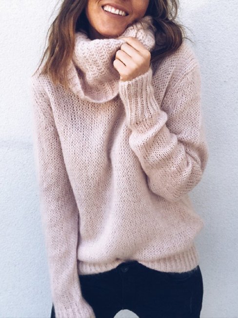 Turtleneck Standard Loose Plain Cotton Blends Sweater (Style V101012)