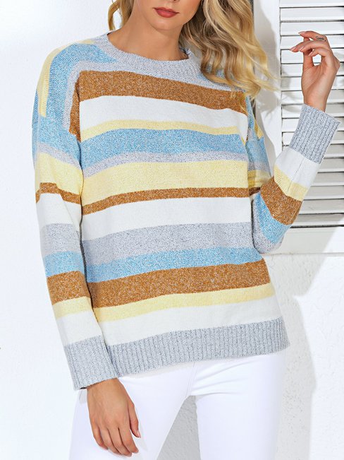 Round Neck Straight Casual Striped Patchwork Sweater (Style V101016)