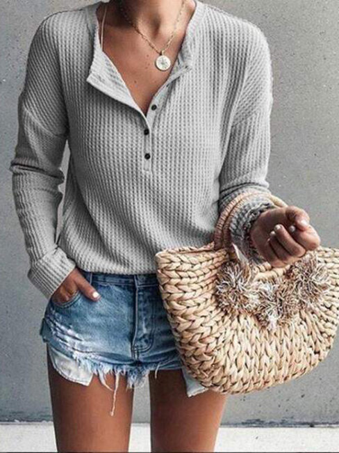 V-neck Standard Straight Plain Button Sweater (Style V101046)
