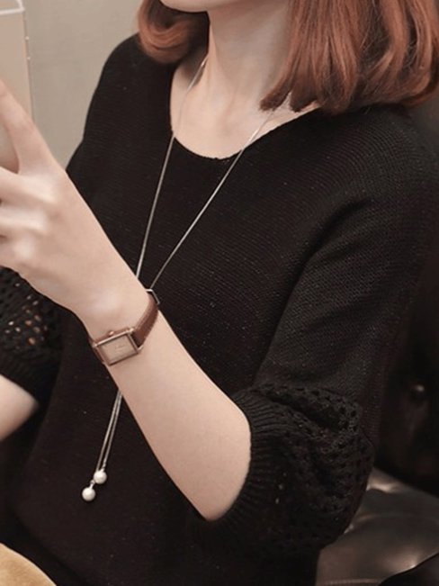 Loose Elegant Plain Polyester Patchwork Sweater (Style V101059)