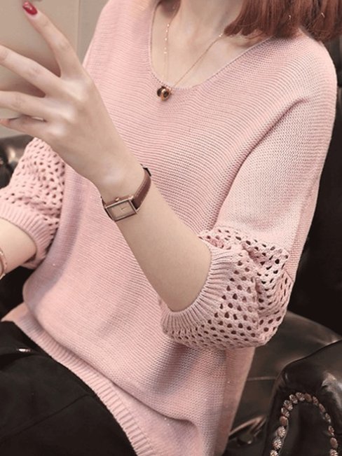 Loose Elegant Plain Polyester Patchwork Sweater (Style V101059)