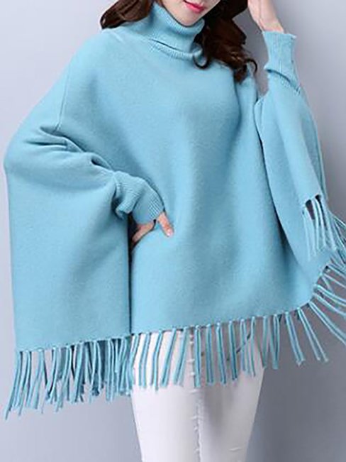 Turtleneck Elegant Plain Polyester Tassel Sweater (Style V101113)