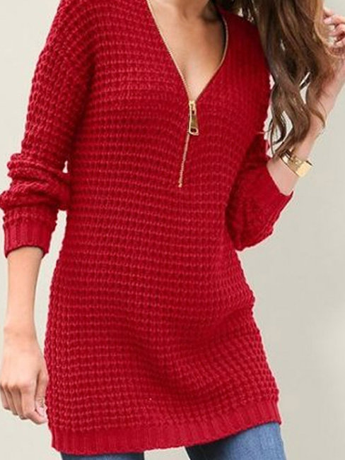 V-neck Slim Casual Polyester Zipper Sweater (Style V101163)