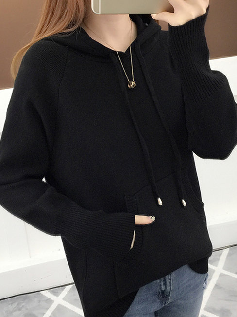 Hooded Standard Casual Knitted Pockets Sweater (Style V101166)