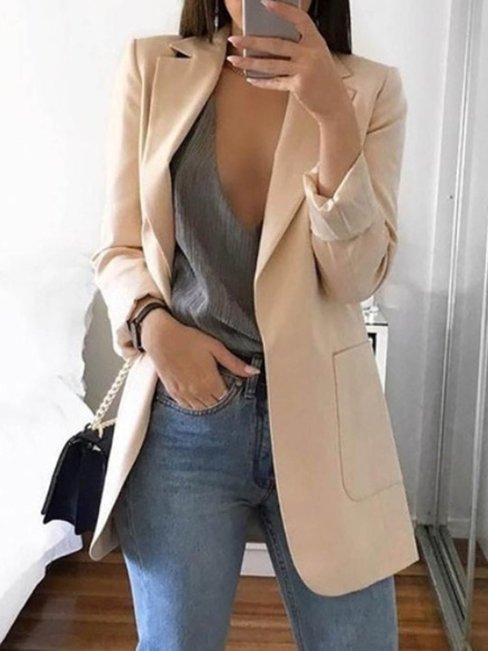 Blush Long Slim Office Plain Pockets Coat (Style V101175) - VEDACHIC