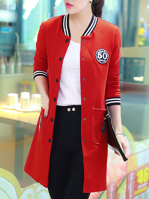 Stand Collar Straight Casual Letter Button Coat (Style V101305)
